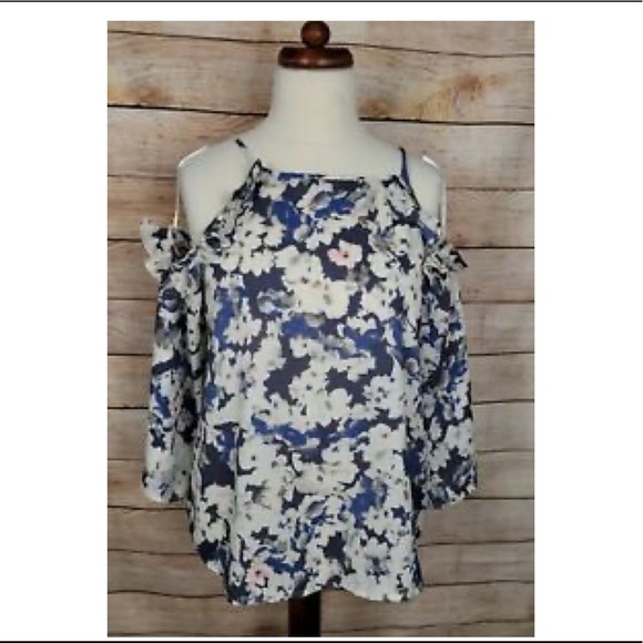 Sim & Sam Blue Floral Cold Shoulder Ruffle Blouse - Picture 1 of 2
